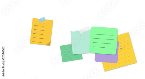 Colorful sticky notes with text and numbers on white background