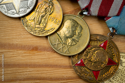 Several Soviet Union medals and awards fastened together.