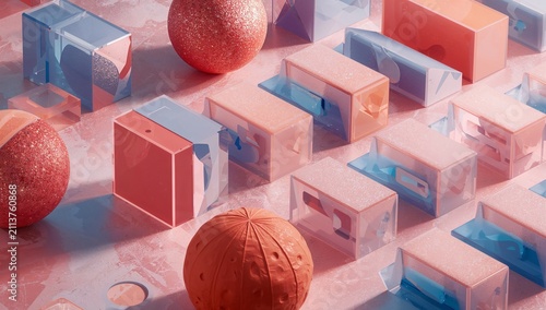 Colorful 3D Shapes and Objects on a Pink Surface With Light Reflections
