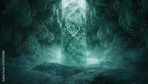 Mystical Stone Column Glows in a Dark Cave Filled With Mist and Shadows