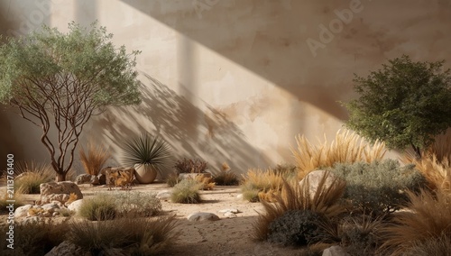 Desert Garden Landscape With Natural Plants and Rocks in a Bright Indoor Space