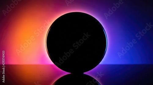 A black circular silhouette standing against a vibrant background with glowing orange and blue gradient lighting