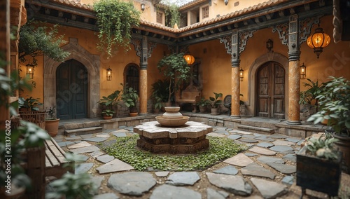 Old Courtyard With Fountain and Greenery in a Historical Setting