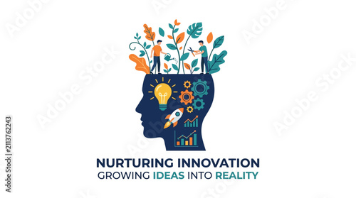 Foto Head silhouette featuring sprouting foliage and abstract business icons represents the nurturing of innovative concepts to foster growth and transform imaginative ideas into tangible successful