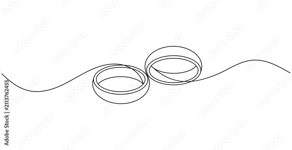 Fototapeta premium Continuous one line drawing of two wedding rings representing eternal love.
