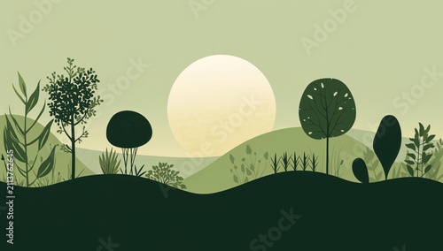 Green Landscape With Setting Sun and Simple Plant Life in the Background
