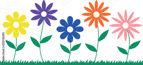 Colorful cartoon flowers in a row on green grass, simple vector illustration of spring or summer floral garden with daisylike blossoms
