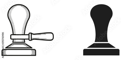 Obraz na płótnie Espresso tamper with wooden handle in line drawing and silhouette against white