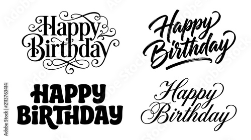 Photography Happy Birthday calligraphy styles appear in four unique typographic arrangements, providing elegant swashes and bold lettering for birthday cards, digital invitations, and festive celebration banners