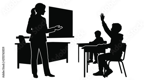 Silhouette vector illustration showing female teacher instructing students in classroom with boy raising his hand high
