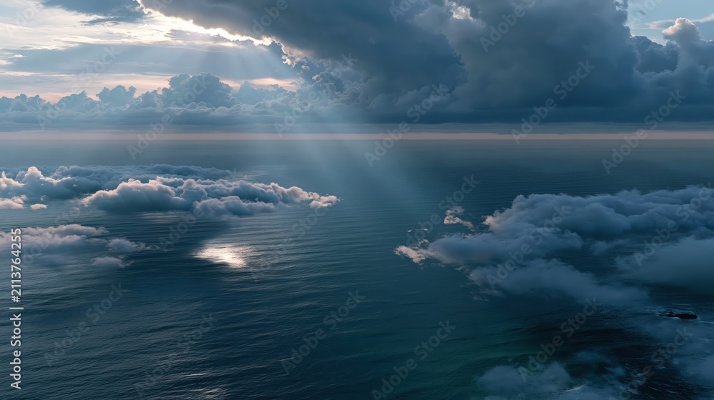 Fototapeta premium Rays of light shine through clouds over the sea during sunset