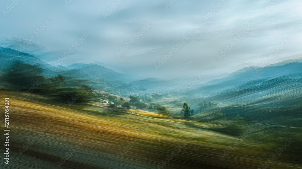 Obraz premium A dreamy, blurred landscape showcasing a misty mountain range with a golden field, evoking a sense of tranquility and serene natural beauty