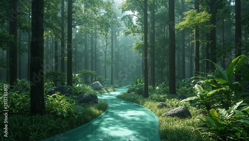Forest Path in a Green Woodland Area With Tall Trees and Sunlight Shining
