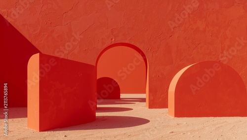 Red Walls and Arches Create Shapes in a Minimalist Space With Sand