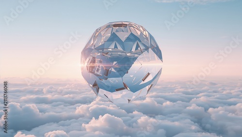 Floating Geometric Shapes in a Cloudy Sky Over Distant Mountains