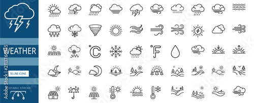 Foto Weather line icons set with forecast, climate, rain, storm, sun, wind, snow, temperature, celsius, fahrenheit, cloud & more vector illustration with editable stroke
