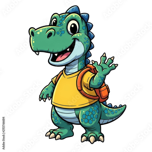 Cute cartoon crocodile wearing a yellow shirt and holding a ball
