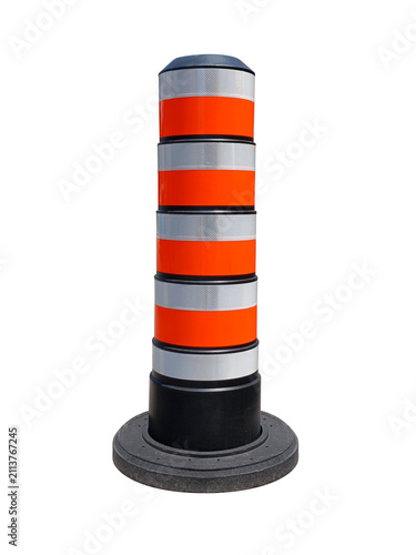 Isolated reflective post. Traffic barrel on a white background. Roadwork signage. Portable plastic warning bollard.