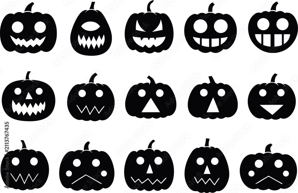 Obraz premium Set of halloween pumpkin silhouettes with various scary and funny faces