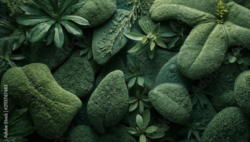 Green Moss and Leaves Cover Rocks in a Natural Setting