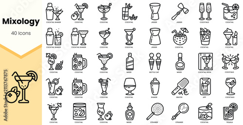 Foto A collection of 40 minimalist cocktail icons representing various drinks and mixology tools