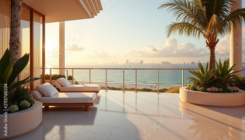 Luxury oceanfront penthouse terrace with sunset views