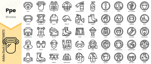 Konstfotografi A comprehensive collection of 50 black and white icons representing personal protective equipment (PPE), including helmets, gloves, and masks