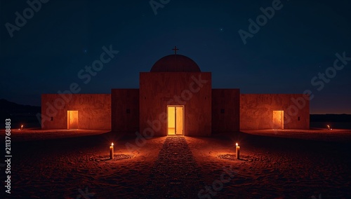 Building With Glowing Doors Under Night Sky in Desert Area