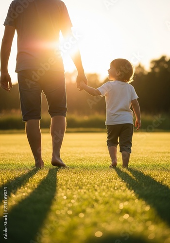 Father and young son walking hand in hand across a field during golden hour sunset