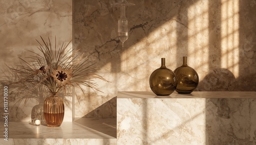 Decorative Vases and Dried Flowers on a Marble Surface in Sunlight