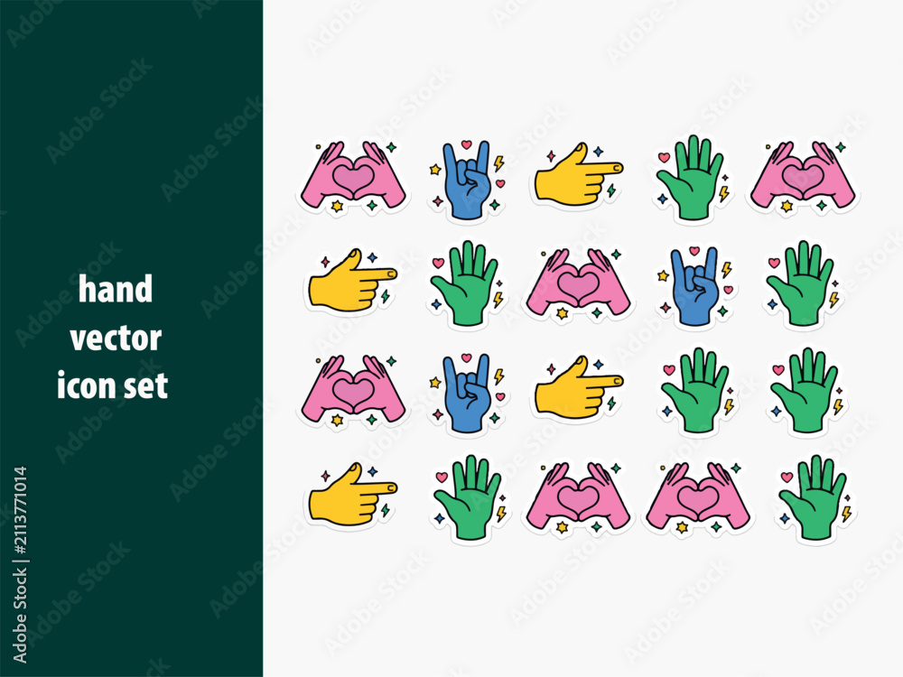 Fototapeta premium Colorful Flat Hand Gesture Sticker Set for Creative Projects Colorful Flat Hand Gesture Sticker Set for Creative Projects