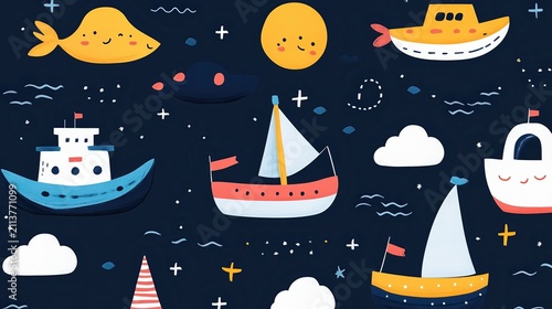 A whimsical nautical pattern featuring playful boats, smiling sun, and cheerful clouds against a dark blue background, ideal for children's products, backgrounds, or any fun design project,