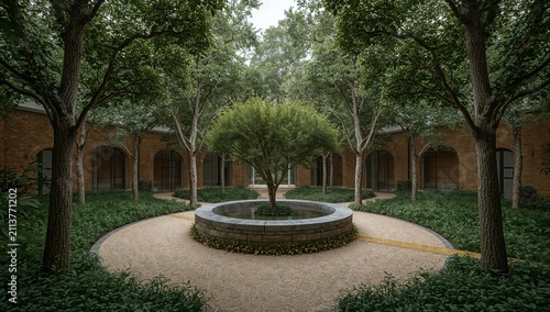 Quiet Garden With Trees and Seating Areas in a Modern Building