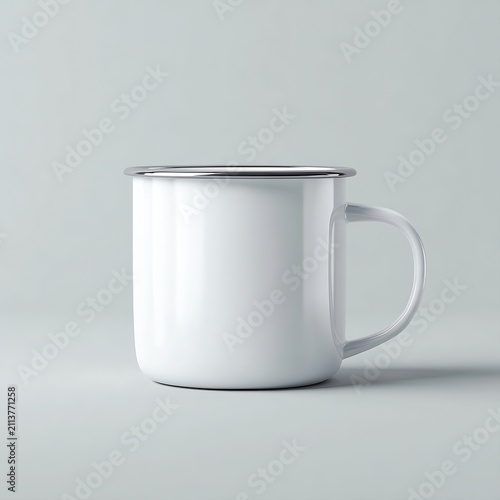 A simple, white enamel mug with a silver rim stands against a soft, light background, This versatile image can be used for marketing, branding, or lifestyle content,
