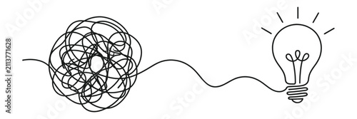 Foto Hand drawn sketch showing a tangled mess transforming into a lightbulb