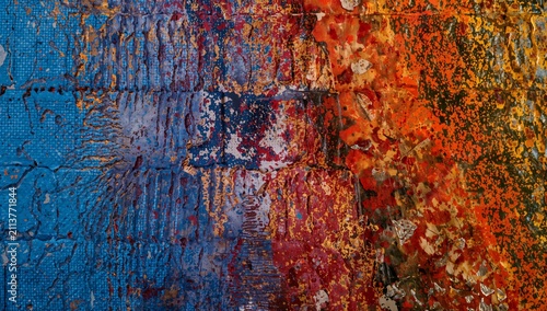 Colorful Abstract Design With Blue, Red, and Orange Patterns on a Textured Su...