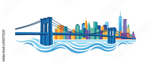 New York City Skyline with Brooklyn Bridge and Water - Vector Illustration