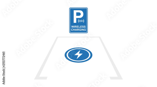 Wireless Charging Parking Spot Sign and Electric Vehicle Charging Pad Icon