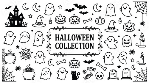 Cute black and white halloween themed doodle icons set featuring ghosts pumpkins bats and spiders