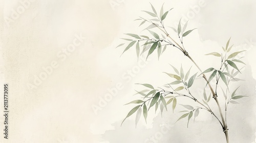Minimalist watercolor painting of bamboo branches on a soft beige textured paper background for zen interior design