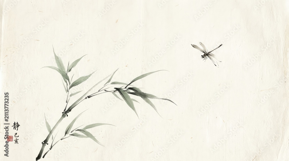 Obraz premium Minimalist ink wash painting of bamboo branches and a flying dragonfly in traditional east asian art style