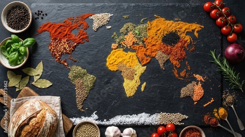 World map made of various colorful spices and herbs arranged on a dark rustic wooden background