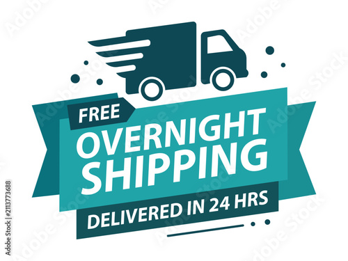 Foto Teal and white overnight shipping badge with truck icon
