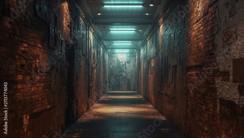 Dark Hallway With Old Bricks and Blue Lights in an Urban Setting