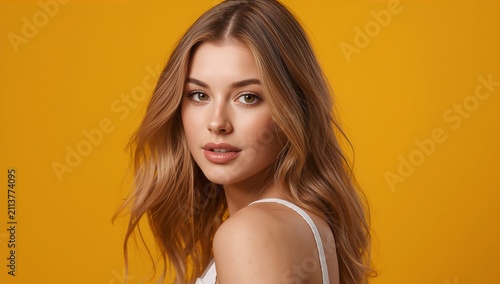 Model Poses With Flowing Hair Against Bright Yellow Backdrop Indoors
