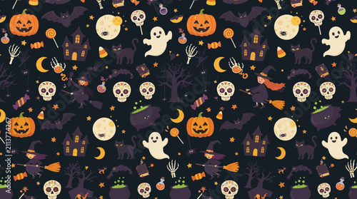 Halloween Pattern: A festive and spooky seamless pattern featuring classic Halloween elements like pumpkins, ghosts, skulls, haunted houses, and witches' hats.