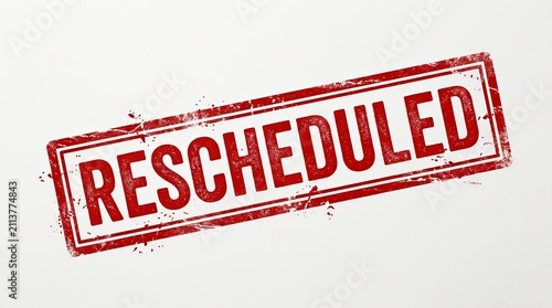 An official RESCHEDULED rubber stamp symbol for event and meeting changes.
