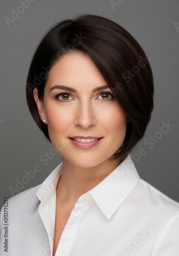 Studio headshot of a confident young woman with a short bob haircut wearing a white button-down shirt.