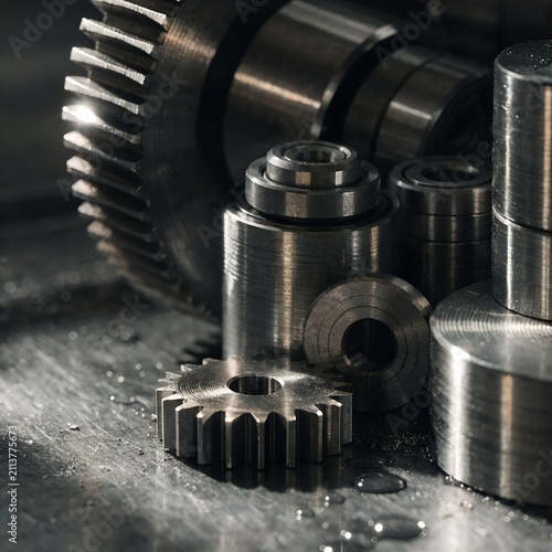 Steel gears and bearings macro on dark metal background