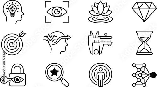Business core values mindfulness precision metrics focus and strategic consumer insight linear web icon set